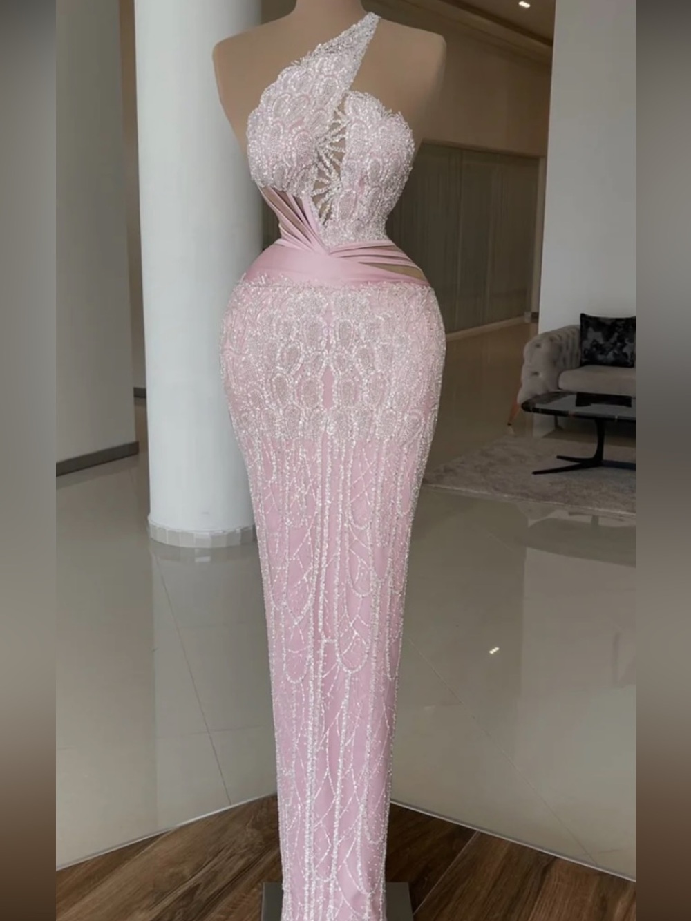 Custom Made Pink Beaded Evening Gown